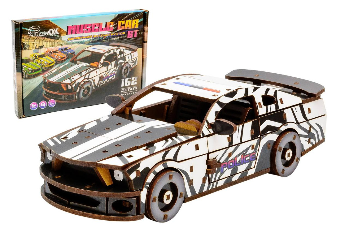 Дерев'яний 3D конструктор Muscle car GT (біла) в картонній упаковці