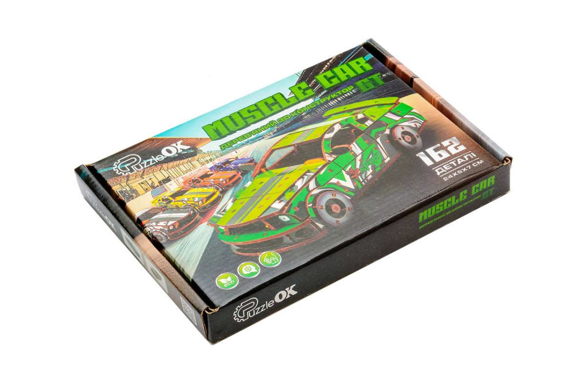 Дерев'яний 3D конструктор Muscle car GT (зелена) в картонній упаковці