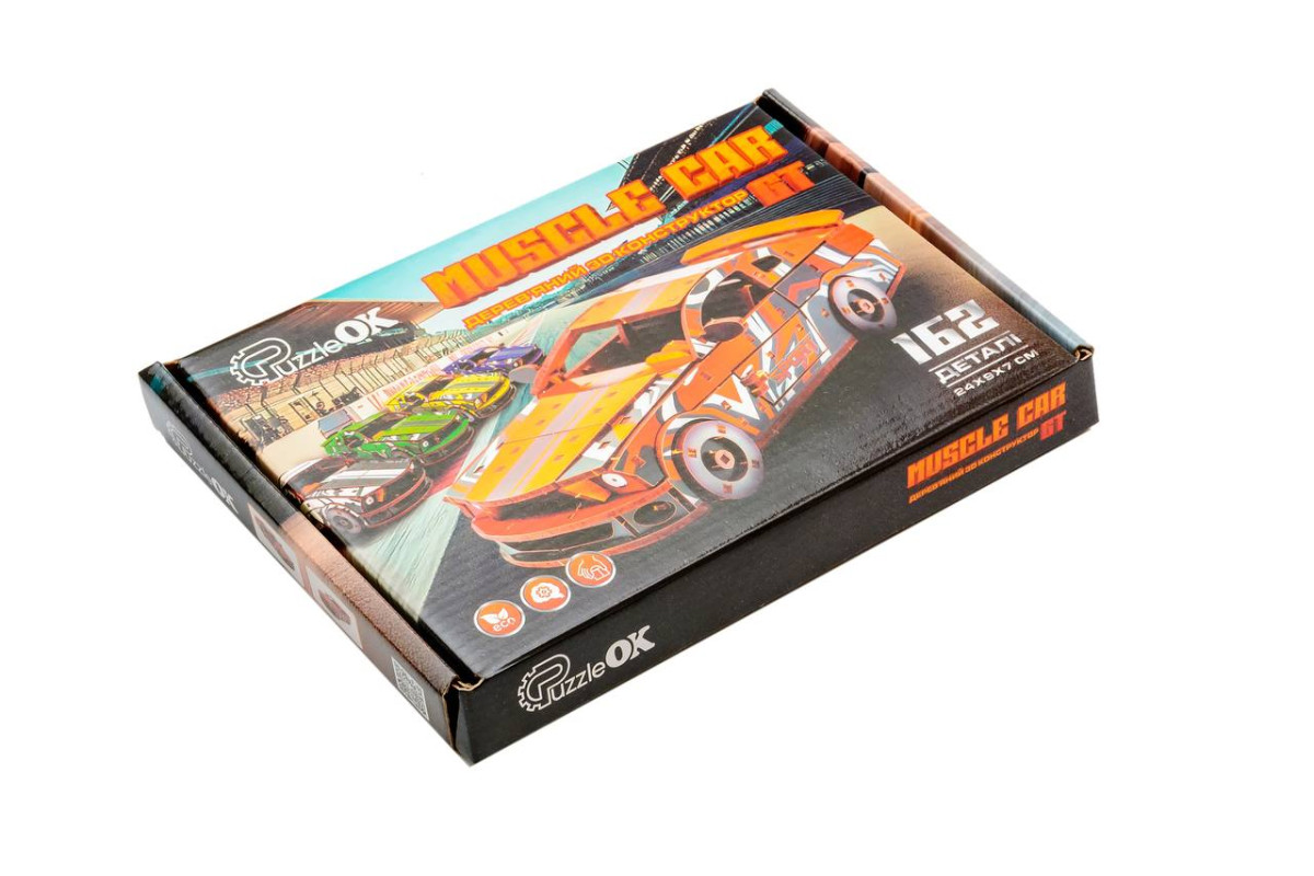 Дерев'яний 3D конструктор Muscle car GT (червона) в картонній упаковці