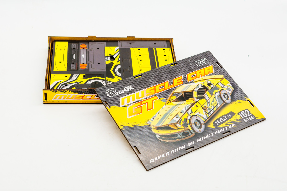 Дерев'яний 3D конструктор Muscle car GT (жовта)