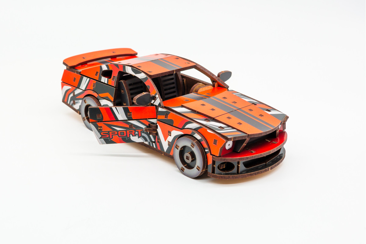 Дерев'яний 3D конструктор Muscle car GT (червона) в картонній упаковці