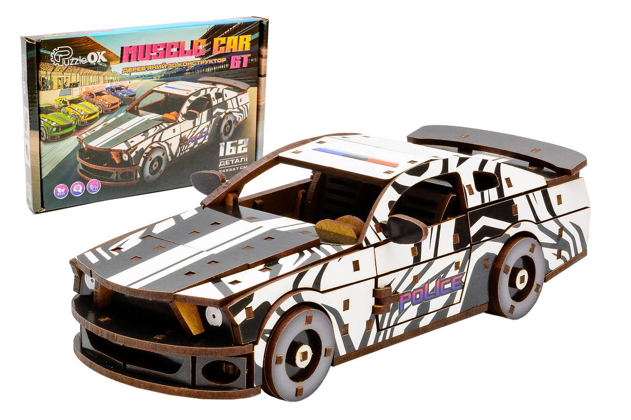 Дерев'яний 3D конструктор Muscle car GT (біла) в картонній упаковці