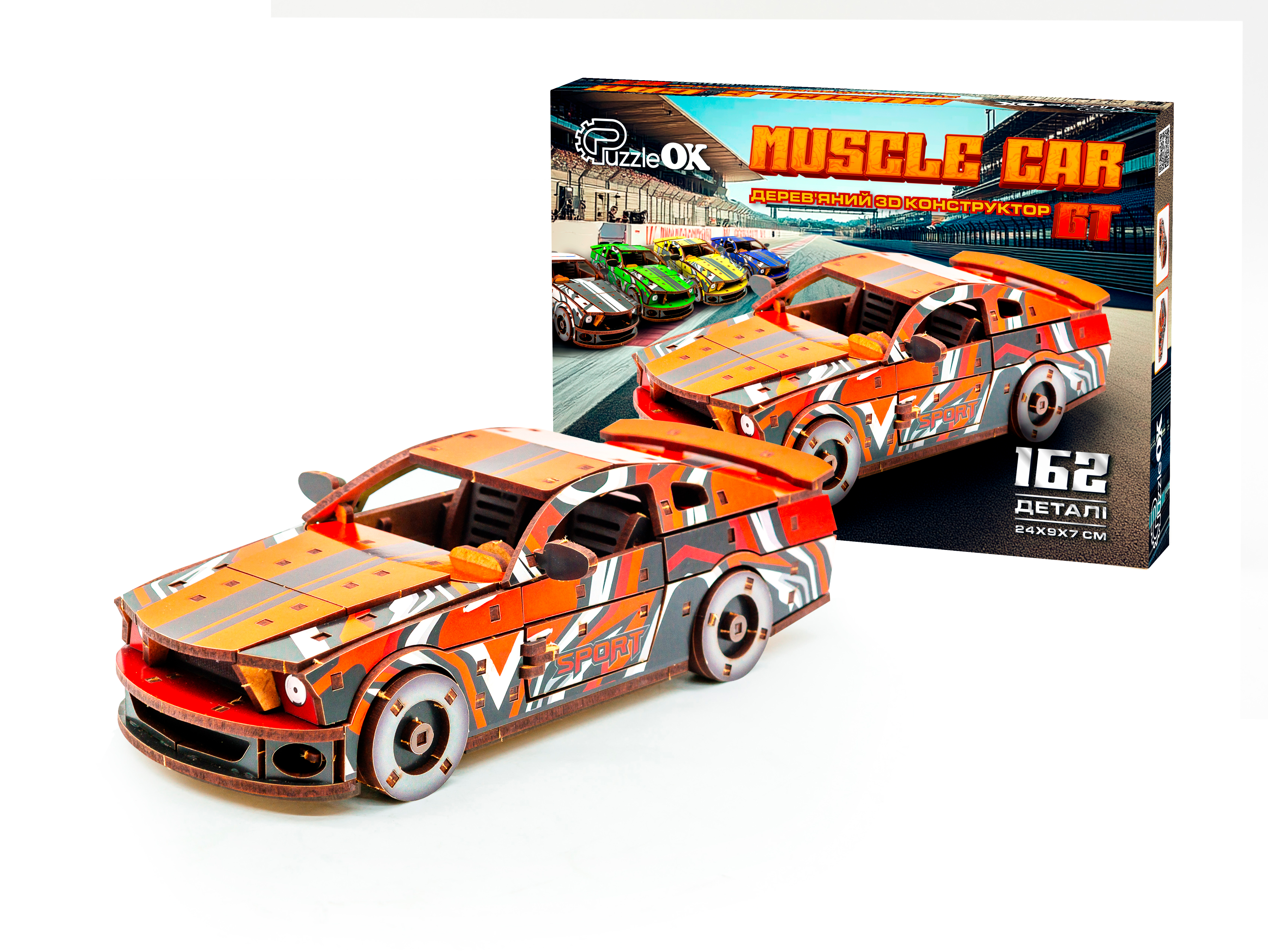 Дерев'яний 3D конструктор Muscle car GT (червона) в картонній упаковці