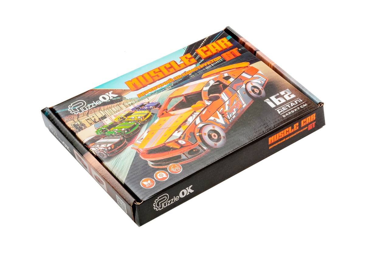 Дерев'яний 3D конструктор Muscle car GT (червона) в картонній упаковці