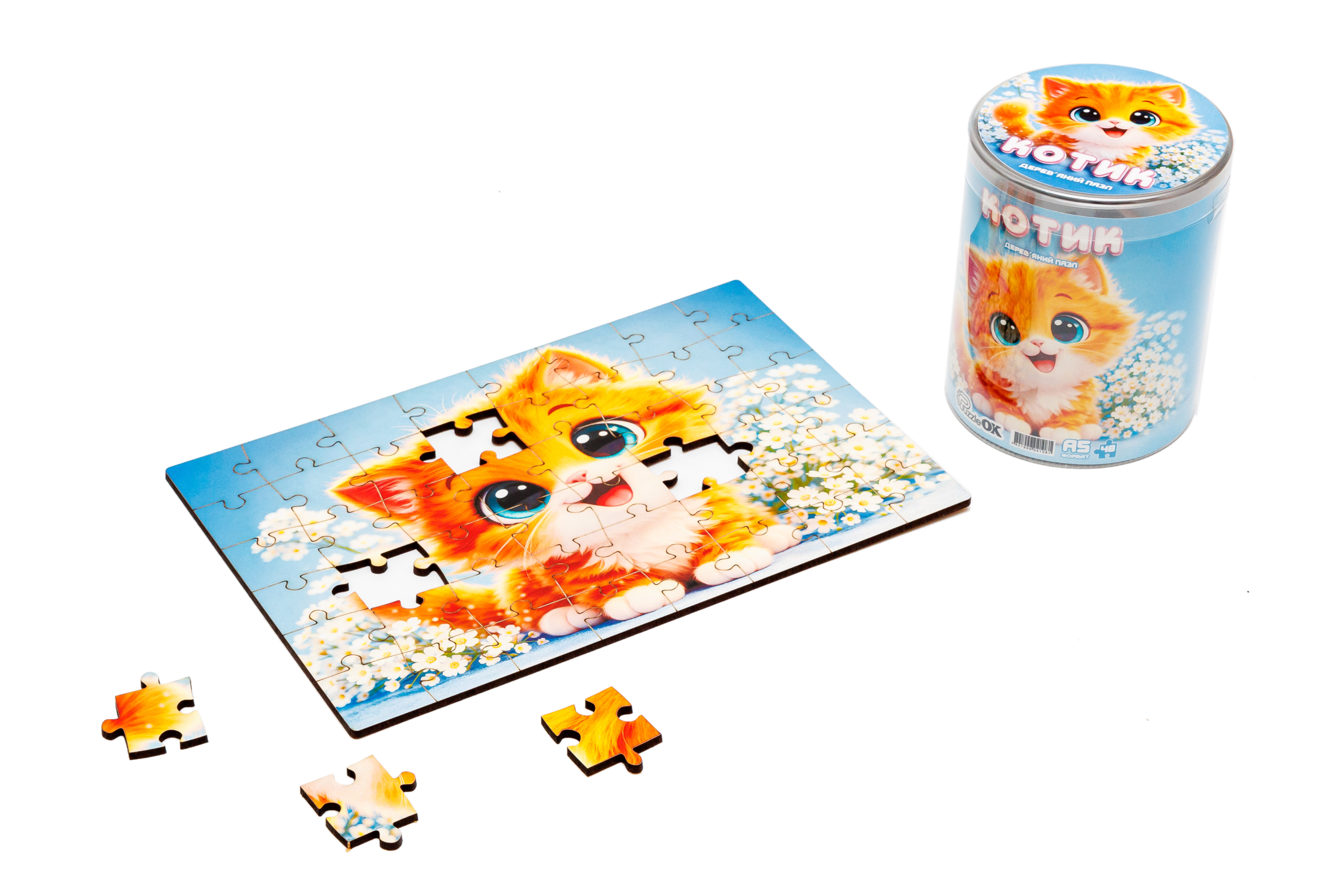 Дерев'яний пазл Котик A5 в тубусі