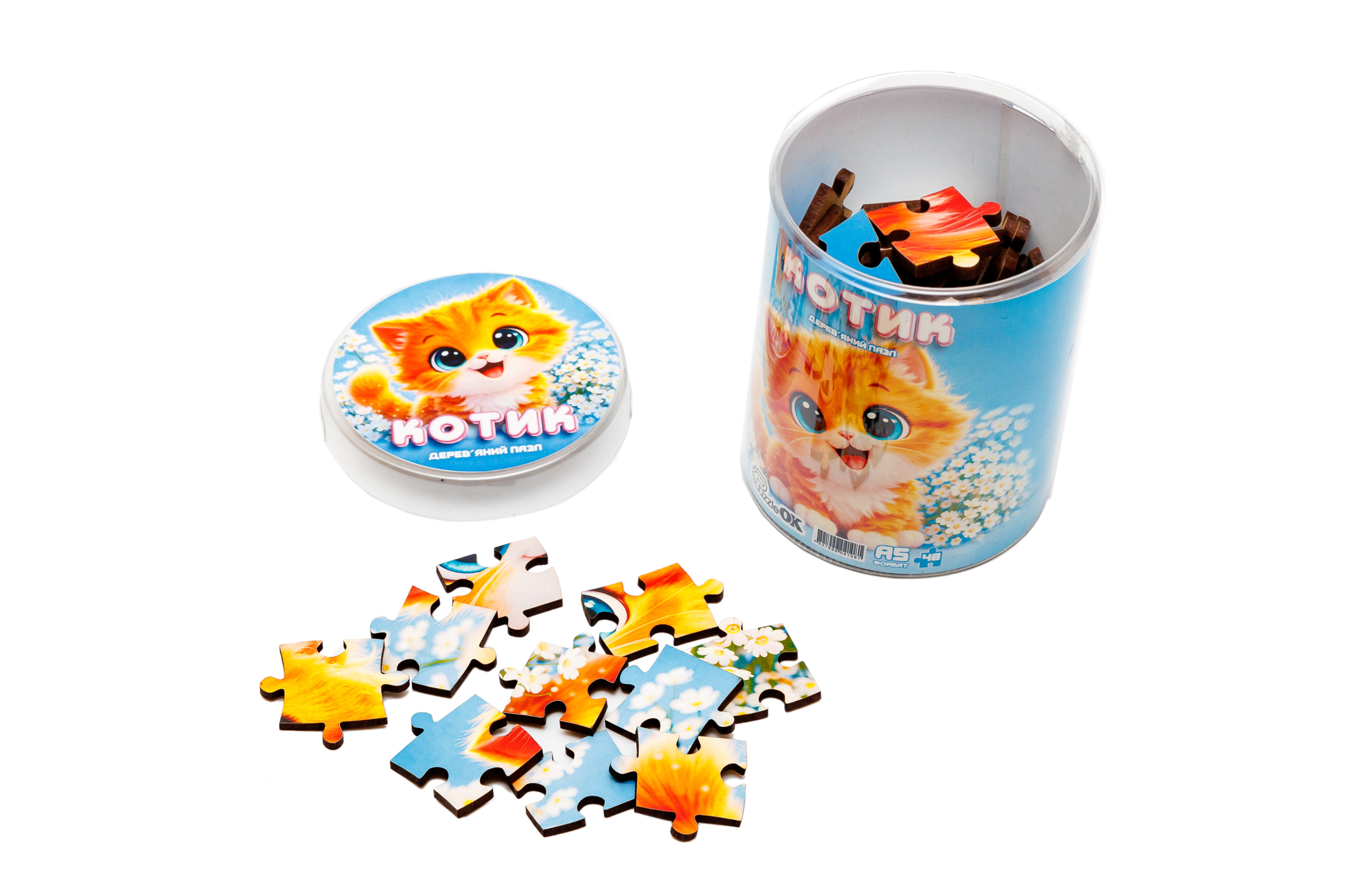 Дерев'яний пазл Котик A5 в тубусі
